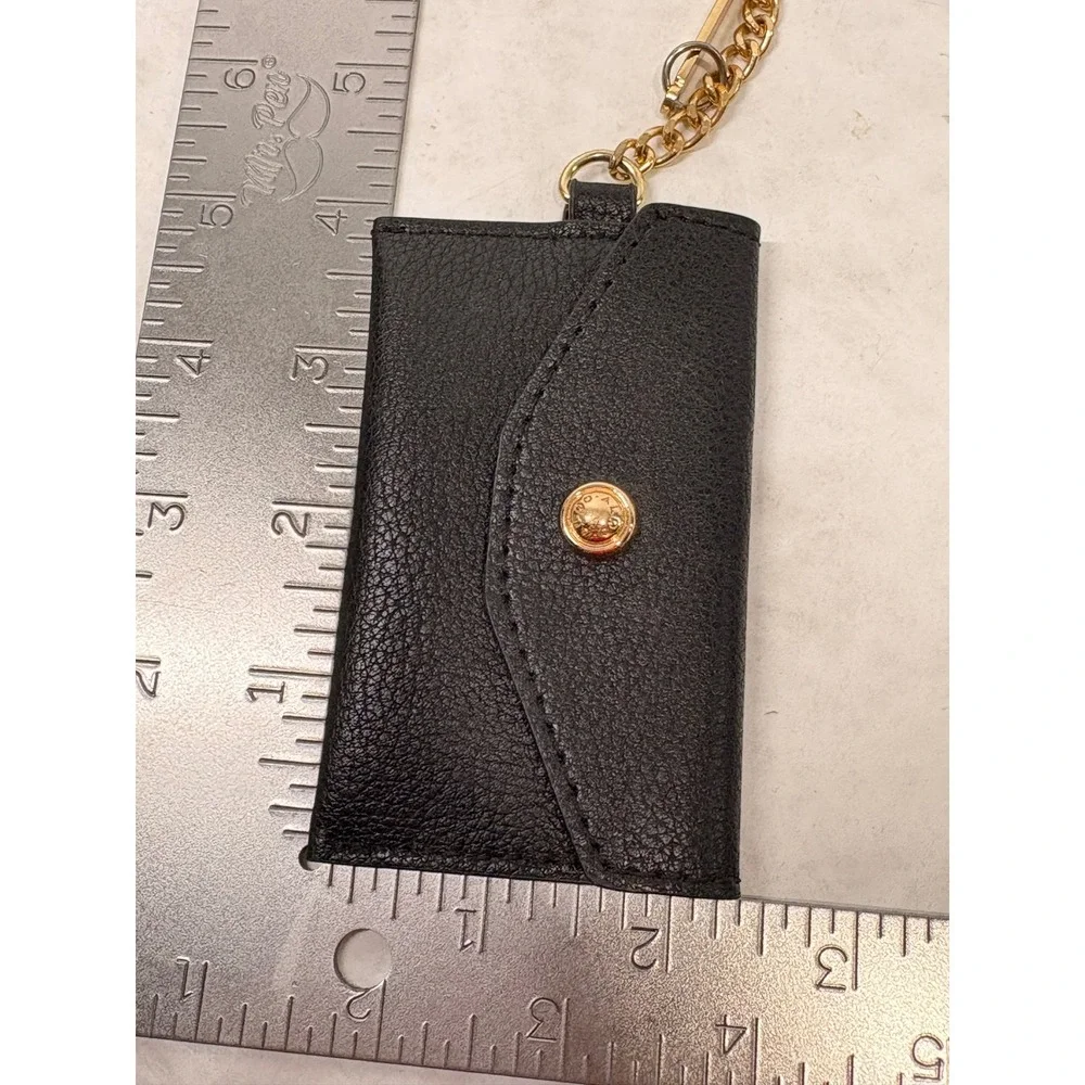 Aldo Black Pebbled Faux Leather Envelope Card Holder Wallet with Gold Chain Clip